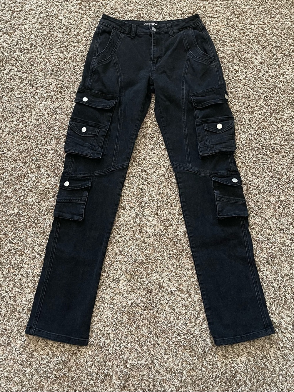 Fashion Nova Mulholland‎ 90's Cargo Straight Leg Jeans Black Wash Women's Size 9